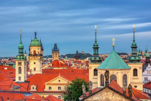 View of colorful old town in Prague taken from Charles bridge tower, Czech Republic