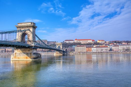 View Chain bridge over Danube river, Budapest city, Hungary.