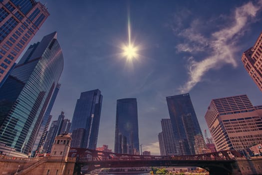 Chicago, Usa - July 15, 2017: Detail of modern skyscrapers in Chicago, Illinois, USA. Backlighting