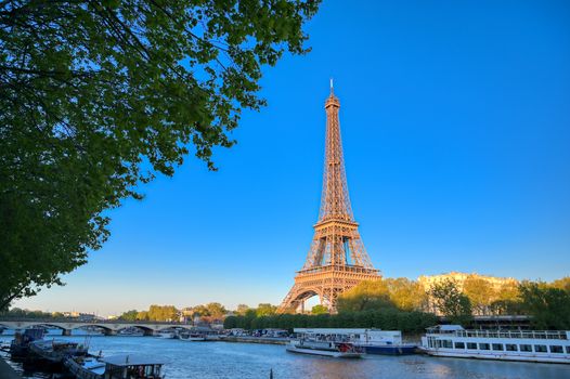 The Eiffel Tower across the River Seine in Paris, France.