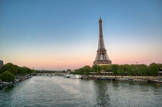 The Eiffel Tower across the River Seine in Paris, France.