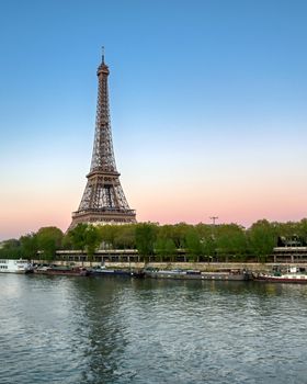 The Eiffel Tower across the River Seine in Paris, France.