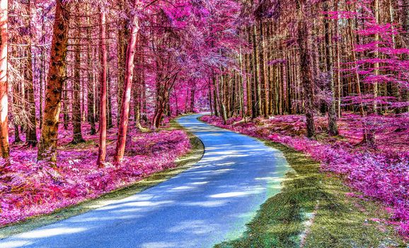 Beautiful pink and purple infrared panorama of a countryside landscape with a blue sky.