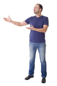 casual man with arm out in a showing gesture, isolated on white