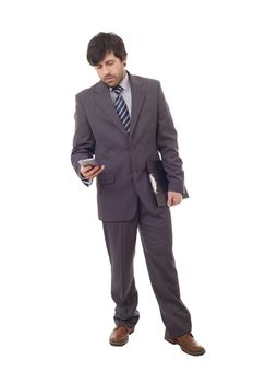 worried business man on the phone, full length, isolated