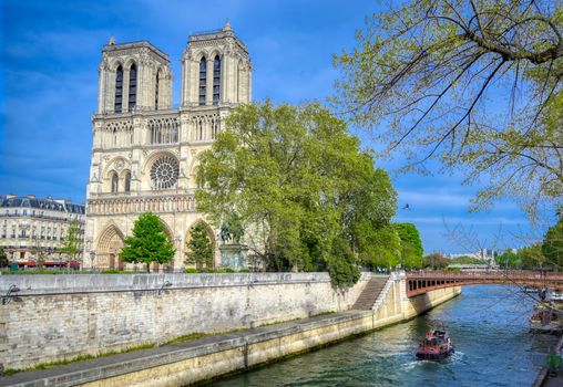 Paris, France - April 21, 2019 - Notre Dame Cathedral on the Seine River in Paris, France after the fire on April 15, 2019.