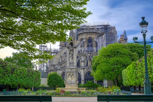 Paris, France - April 21, 2019 - Notre Dame Cathedral on the Seine River in Paris, France after the fire on April 15, 2019.