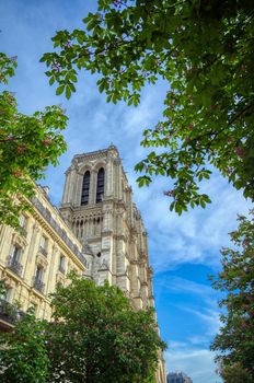 Paris, France - April 21, 2019 - Notre Dame Cathedral on the Seine River in Paris, France after the fire on April 15, 2019.