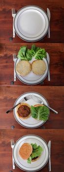 Timeline composing of homemade cooking of a grilled burger with tomatoes and salad on a plate.