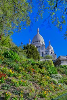 The Basilica of the Sacred Heart of Paris, commonly known as Sacré-Cœur Basilica, located in the Montmartre district of Paris, France.