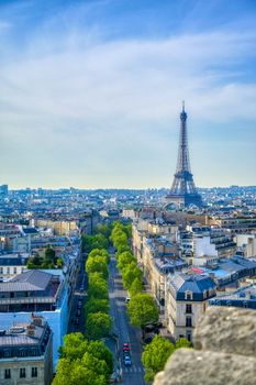 A view of the Eiffel Tower and Paris, France from the Arc de Triomphe.