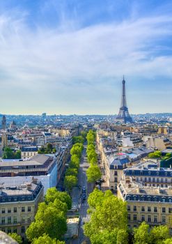 A view of the Eiffel Tower and Paris, France from the Arc de Triomphe.