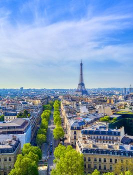 A view of the Eiffel Tower and Paris, France from the Arc de Triomphe.