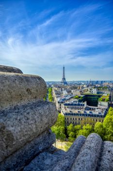 A view of the Eiffel Tower and Paris, France from the Arc de Triomphe.