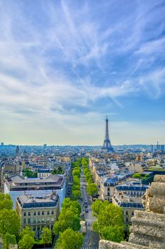 A view of the Eiffel Tower and Paris, France from the Arc de Triomphe.