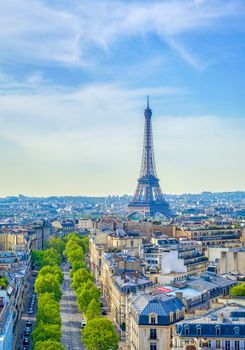 A view of the Eiffel Tower and Paris, France from the Arc de Triomphe.