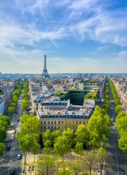 A view of the Eiffel Tower and Paris, France from the Arc de Triomphe.