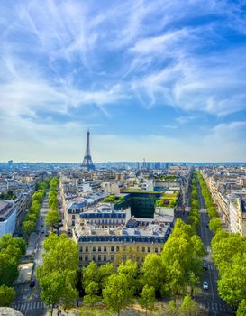 A view of the Eiffel Tower and Paris, France from the Arc de Triomphe.