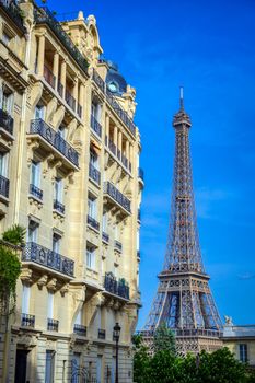 A view of the Eiffel Tower from the streets of Paris, France.