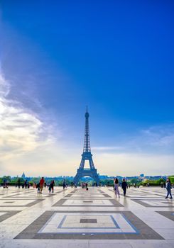 Paris, France - April 22, 2019 - A view of the Eiffel Tower from the Jardins du Trocadero in Paris, France.