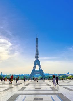 Paris, France - April 22, 2019 - A view of the Eiffel Tower from the Jardins du Trocadero in Paris, France.