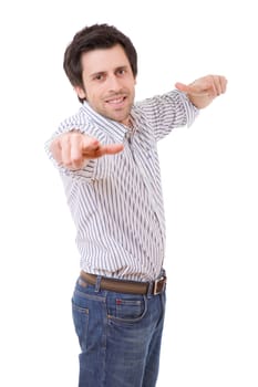 happy casual man pointing, isolated on white