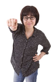 young happy beautiful woman pointing, isolated in white