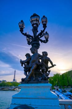 A view from the Pont Alexandre III bridge that spans the Seine River in Paris, France