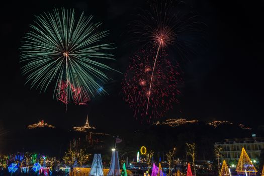 Beautiful Fireworks display in night light at Phra NakhonKhiri (Khao-Wang) festival, Phetchaburi province in Thailand-10 February 2018 