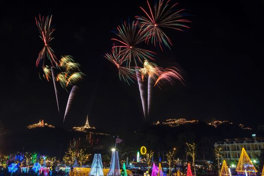 Beautiful Fireworks display in night light at Phra NakhonKhiri (Khao-Wang) festival, Phetchaburi province in Thailand-10 February 2018 