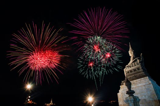 Beautiful Fireworks display in night light at Phra NakhonKhiri (Khao-Wang) festival, Phetchaburi province in Thailand-10 February 2018 