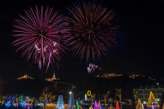 Beautiful Fireworks display in night light at Phra NakhonKhiri (Khao-Wang) festival, Phetchaburi province in Thailand-10 February 2018 