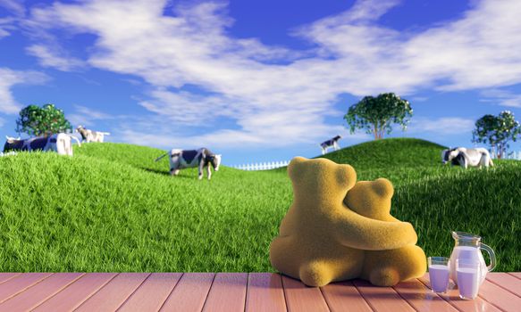 Brown teddy bear hugs a lover's neck on a wooden terrace with fresh milk in a jug and 2 clear glasses with a wide view of the meadow and cows.  Bright blue sky and white clouds. 3D Rendering