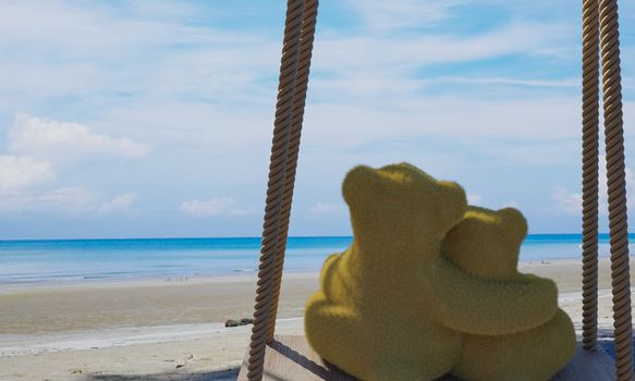 The brown teddy bear hug, hugging each other with love and romance. Lovers sit on a wooden swing tied with a rope by the beach, sea, bright blue sky, and white clouds. 3D Rendering