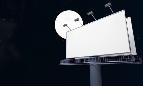 Large advertising pole blank advertising billboard signpost with a full moon and starry sky at night. 3D Rendering
