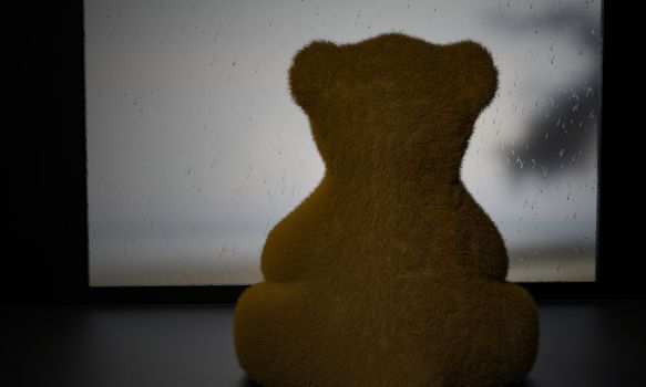 Brown teddy bear Sitting and looking out the window during the rain with sad emotions. Rainwater clings on the window glass Outside is a sea view. 3D Rendering