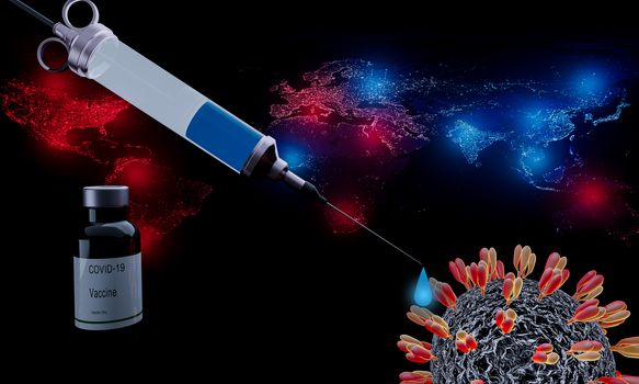 Coronavirus Covid-19 Disease Vaccine in Vintage Syringes and Bottles, Virus model in concept has a background, a world map, and a red dot showing the infected area. Blue shows treatment. 3D Rendering
