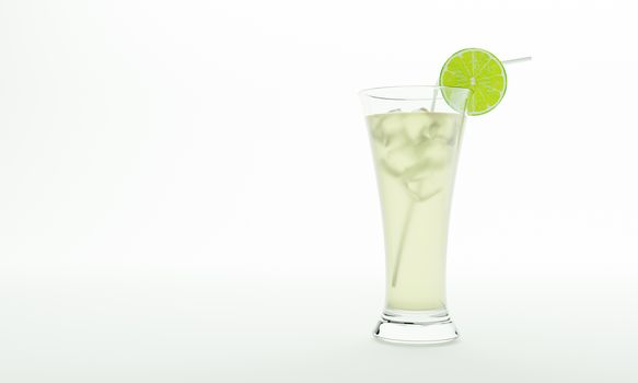 Lemon juice in a tall clear glass With ice cubes to cool off And the white straw Decorate the glass edges with lime slice. Isolated on a white background and 3D Rendering.
