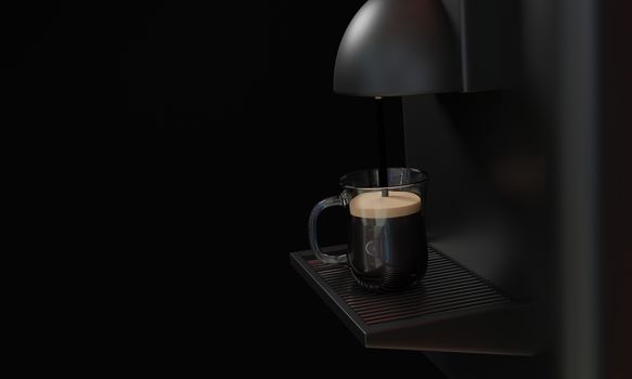Espresso coffee machine Glossy black and shiny metal. Coffee is pouring into a clear coffee cup. Placed on a silver metal grate In the black background. 3D Rendering