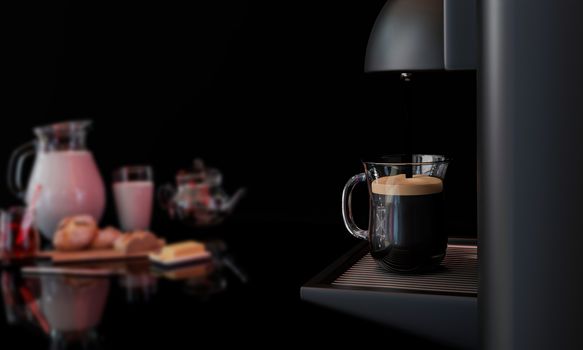 The espresso machine is pouring coffee into a clear glass. Breakfast blur in the background has bread, strawberry jam, butter, and fresh milk in clear jars. 3D Rendering