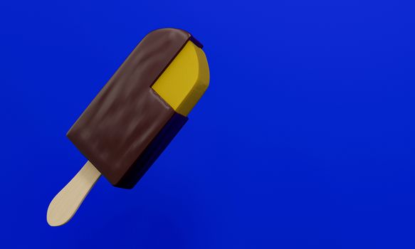 Chocolate-coated ice cream, golden cream filling with wooden handles. Isolated on a blue background. 3D Rendering