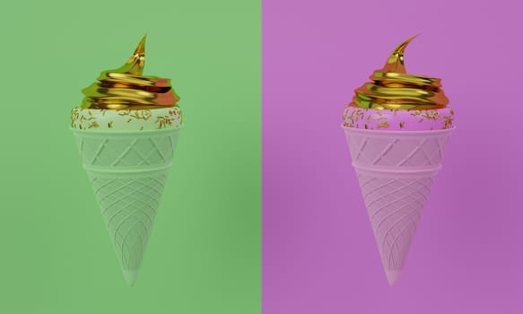 Lime Green and Pink ice cream cone. Crispy waffles and pink ice cream texture. Golden ice cream filling covered with golden sugar sprinkle dots. Ice cream on a pink background. 3D Rendering