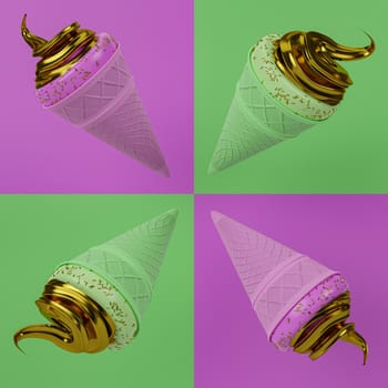 Seamless Lime Green and Pink ice cream cone. Crispy waffles and pink ice cream texture. Golden ice cream filling covered with golden sugar sprinkle dots. Ice cream on a pink background. 3D Rendering
