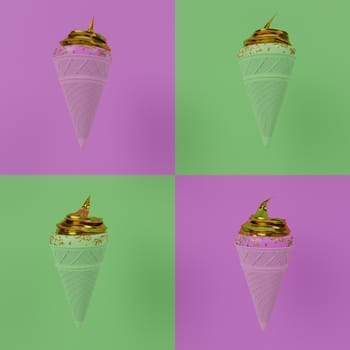 Seamless Lime Green and Pink ice cream cone. Crispy waffles and pink ice cream texture. Golden ice cream filling covered with golden sugar sprinkle dots. Ice cream on a pink background. 3D Rendering