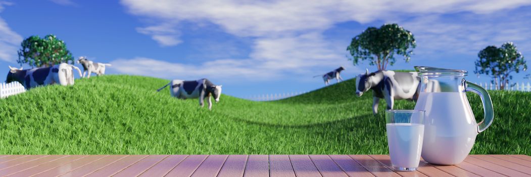 Fresh milk in clear glass and milk jug on the reflective plank floor. Bright green grassland cows are walking freely and enjoying eating grass. Clear blue sky with white clouds. 3D rendering