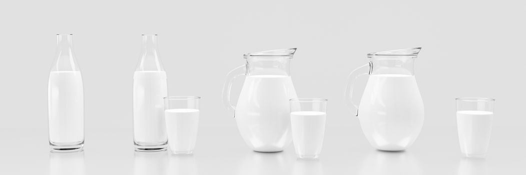 Fresh milk in clear bottles and clear jars. Overview Milk glass collection On a white background and reflections on the floor. 3D Rendering