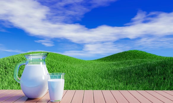 Fresh milk in clear glass and milk jug placed on the slatted floor. Bright green grasslands with hills, bright skies, white clouds in the morning. 3D Rendering