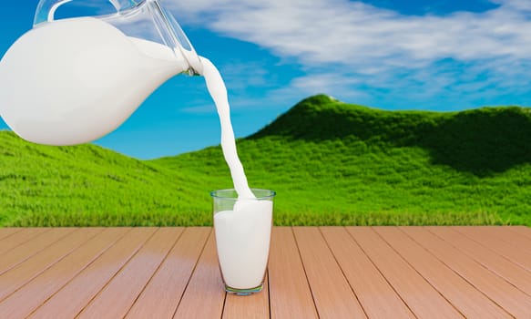 Pour fresh milk from the jug into a clear milk glass placed on a wooden plank floor. There is a little shadow. Bright green meadow There are small hills, bright sky, white clouds, sunlight in the morning.3D Rendering