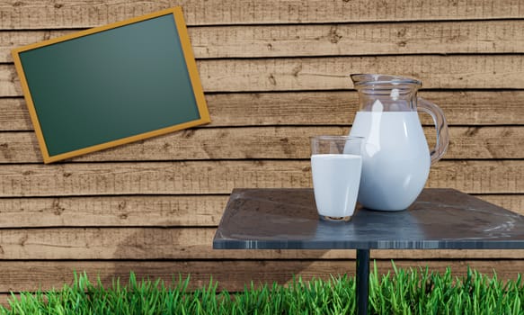 Fresh milk in clear glass and Jar on the marble surface table. The background was a wooden plank wall with a chalkboard for the note on the text. Fresh green grass on the floor. 3D Rendering