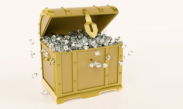 Many diamonds in  golden vintage treasure chest use for Gem storage box. Isolated on white background and wallpaper. 3D Render.